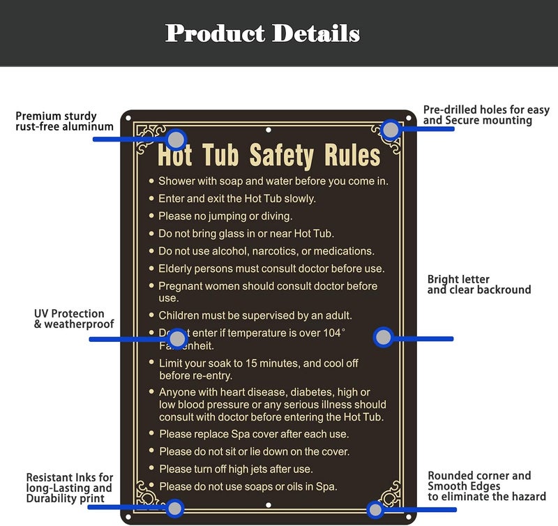 Phyabe 2 Pack Hot Tub Safety Rules Sign， 10 x 14 inch Metal Reflective Rust Free Aluminum Pool Rules Sign, Weather Resistant, Waterproof, Durable Ink, Easy to Install - Image 3